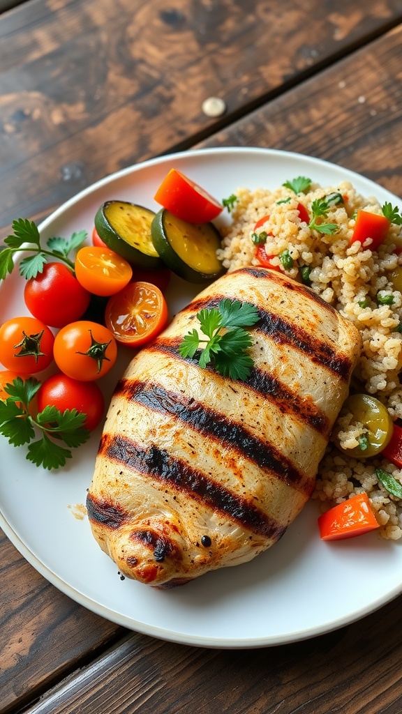 Grilled chicken with roasted vegetables and quinoa salad, garnished with parsley on a rustic table.